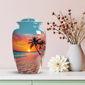 Blue Sunset Palm Tree Metal Cremation Urn Adult Ashes Memorial Urn Decorative Keepsake <b>Vase</b> Custom Design - Product Image 2