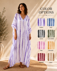 Women Modern Fit Tie Dye Cotton <b>Kaftan</b> Dress All Seasons <b>Beach</b> Cover V-Neck Maxi Robe Casual Sleepwear Bohemian Natural Waist - Product Image 6