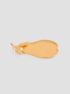 Gold Pear-Shaped <b>Decorative</b> Serving <b>Plate</b> with Leaf Handle Textured Aluminum Fruit Tray for Party Table Decor Eco-Friendly - Product Image 6