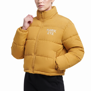 Best Quality Women's Casual Cropped Puffer Jacket Quilted Winter Padded <b>Coat</b> Long Sleeve <b>Zipper</b> Closure Adjustable Hem Outerwear - Product Image 3
