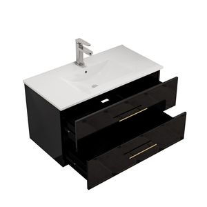 36-Inch Black Gloss Wall-Mounted <b>Bathroom</b> <b>Vanity</b> with Double Drawers and Ceramic Sink Long Gold Metal Handle Easy Installation - Product Image 4