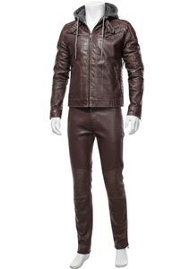Burgundy Leather Hooded Tracksuit Premium Leather <b>Jacket</b> Cargo Jogger Pants Men's Full Zip Leather <b>Jacket</b> - Product Image 3