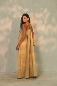 Women Beige Gold Embroidered V-neck Ruffles Boho Maxi Dress Luxury Resort Wear <b>Spaghetti</b> <b>Strap</b> Long Cotton Eco Friendly High - Product Image 4