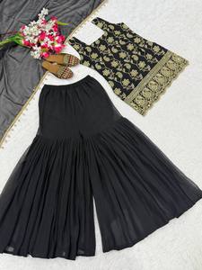 Ensemble Salwar Kameez brodé noir, robe pakistanaise avec dupatta, ceinture florale, style Anarkali pour les occasions de fête - Product Image 6