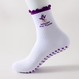 <b>Custom</b> LOGO Summer Flower <b>Grip</b> Crew <b>Socks</b> Embroidery Anti-Slip Breathable Cotton Yoga <b>Socks</b> for Women Adults Autumn - Product Image 1