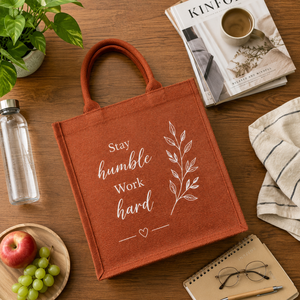 Jute Tote <b>Bag</b> Stay Humble <b>Work</b> Hard Print Orange Medium Size Daily Shopping <b>Bag</b> with Handle - Product Image 1