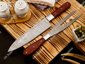 Juego de Cuchillos de Cocina Profesionales de 2 Piezas de Acero de Damasco - Cuchillo de Chef para Rebanar + Tenedor de Acero, Hoja con Patrón Ondulado, Mango Ergonómico de Madera OEM - Product Image 6
