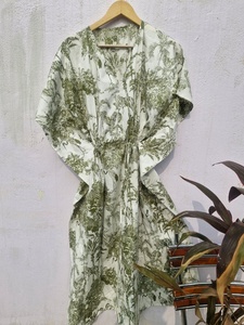 Women Green Tropical Print Cotton <b>Kaftan</b> <b>Summer</b> Dress Boho Maxi Midi Beach Dress Loose Fit Resort Wear Holiday Dress - Product Image 2