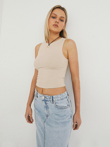 Women's Gray Solid Knitted O-Neck Sleeveless <b>Crop</b> Tank <b>Top</b> Anti-Pilling Ribbing Casual Style Breathable 100% Cotton - Product Image 6