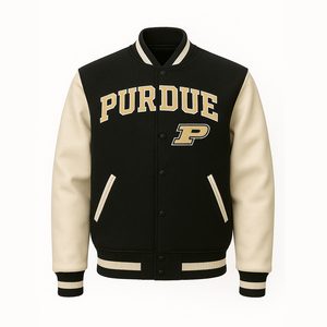 Veste universitaire Purdue pour homme, noire, en laine/nylon, avec manches brodées, style bomber, vêtement décontracté d'hiver, personnalisable - Product Image 1