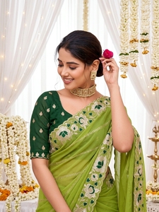 AARA Fashion Saree en soie vert brodé avec chemisier, protection solaire, tenue de mariage, sari indien traditionnel pour femme, longueur au sol - Product Image 3