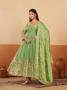 Green Embroidered Silk Anarkali Suit With Dupatta Floor-Length Traditional Indian Pakistani Women's Wedding Wear for Womens - Product Image 1