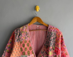 Veste matelassée rose patchwork avec broderie florale, manches trois quarts, manteau de printemps pour femme, cadeau pour elle - Product Image 4