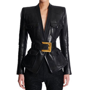 Wholesale Fashion Casual Ladies Coat Customized Faux <b>Leather</b> <b>Long</b> Sleeve Belted Detail Blazer <b>Jacket</b> for Women - Product Image 3