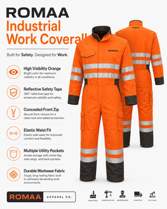 Orange Black Hi Vis Industrial Work Coverall Heavy Duty Reflective Mechanic <b>Overall</b> Utility Pockets Elastic Waist Spandex - Product Image 2