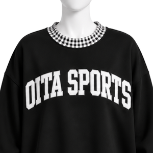 <b>Mens</b> <b>Black</b> Oversized Crewneck <b>Sweatshirt</b> Gingham Check Trim Long Sleeve Casual Pullover Fashion Streetwear Athletic Sports Top - Product Image 3
