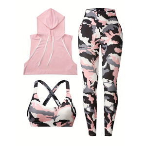 Conjunto de Yoga de 3 Piezas Personalizado para Mujer, Talla Grande, Cintura Elástica Delantera, Transpirable, Ligero, de Secado Rápido, 100% con Cremalleras - Product Image 1