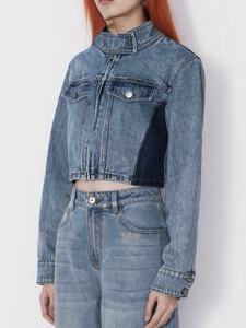 Chaqueta vaquera corta unisex OEM ODM, azul, con logo, cuello alto, botones, estilo locomotora, para hombre y mujer, venta al por mayor - Product Image 3