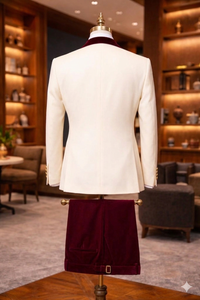 Costume de smoking 3 pièces pour homme, velours bordeaux, veste blanche, double boutonnage, tenue de cérémonie - Product Image 6