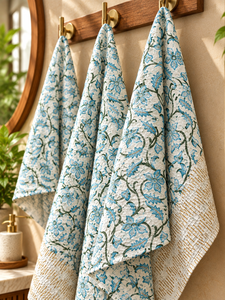 <b>Hand</b> Block Printed Cotton Bath <b>Towel</b> Set Blue Floral Indian Block Print <b>Towels</b> Soft Absorbent Printed <b>Bathroom</b> <b>Towels</b> - Product Image 4