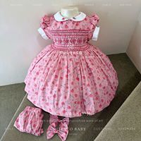 Gaun katun motif bunga untuk anak perempuan dengan kerah Peter Pan, lengan mengembang, potongan A-line mini, bordir tangan, gaya Prairie Chic