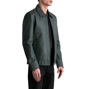 Custom <b>Mens</b> Dark Green Real Leather Jacket Classic Collar Zip Up <b>Coat</b> OEM Private Label Clothing Manufacturer Wholesale Supplier - Product Image 3