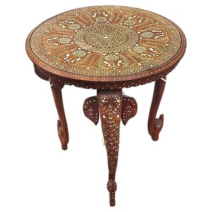 Handcrafted Teak Wood Round Side <b>Table</b> with Brass Inlay - Wholesale from Moradabad - Product Image 4