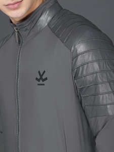 Men's Gray Bomber <b>Jacket</b> PU Leather Sleeve Stand Collar Zipper Front Casual Autumn Wear Solid Color Slim Fit - Product Image 4