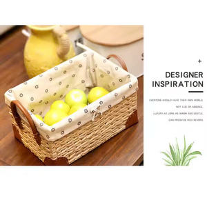 <b>Rectangular</b> storage <b>basket</b> woven from water hyacinth, fruit and food tray with fabric lining, leather-covered bottom. - Product Image 2