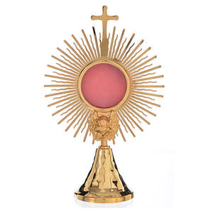 Excelente Cruz Religiosa de Latón Dorado con Detalles de Gemas y Diseño de Rayos Solares para Exhibición en Mesa Interior, Metal Tradicional - Product Image 2