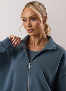 <b>Women's</b> Winter Oversized <b>Blue</b> Grey Zip-Up Front Logo Fleece <b>Hoodie</b> & Shorts Set Long Sleeve Casual Loose Fit Lounge Wear - Product Image 6