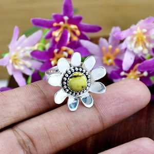 Anillo de plata de ley 925 con piedra turquesa natural estilo bohemio, anillo llamativo con flor de margarita, joyería fina occidental para mujer - Product Image 2