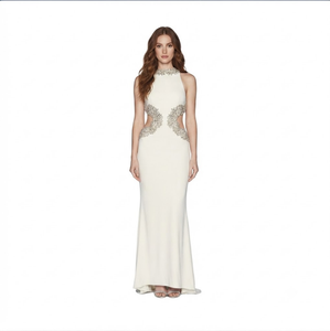 Elegante Vestido de Satén sin Mangas con Cuello Alto y Detalle de Cuentas, Corte Ajustado, Largo hasta el Suelo, Transpirable, para Mujer - Product Image 4