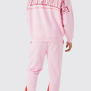 <b>Pink</b> Men's Hooded <b>Tracksuit</b> Full Length Solid 100% Cotton Lightweight Streetwear Sweatpants with Side Pockets Elastic Waist - Product Image 3