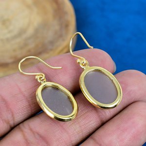 Natural Handmade Grey Moonstone Oval Shape Gemstone Drop <b>Earrings</b> 18k Micron Gold Over 925 Sterling Silver - Product Image 4