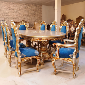Juego de Comedor de Alta Gama en Oro Champán, Tapizado en Azul de Lujo, Madera de Teca Tallada Antigua, Muebles de Palacio Real Premium - Product Image 4