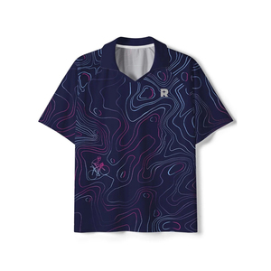 Unisex Navy Blue Topographical Print Short Sleeve Shirt V-Neck Moisture Wicking <b>Polyester</b> Regular Fit All Seasons - Product Image 1
