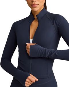 Veste de yoga pour femme, coupe courte, entièrement zippée, respirante, résistante à l'eau, extensible dans quatre directions, avec trous pour les pouces, col montant, coupe ajustée, pour la course et la gym - Product Image 4