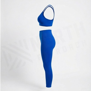 Conjunto de Yoga de 2 Piezas para Mujer, Leggings Azules de Cintura Alta, Sujetador Deportivo con Cierre, Tirantes en Y, Ropa Deportiva sin Costuras para Gimnasio - Product Image 3