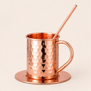 Handcrafted Pure Copper Moscow Mule Mugs Hammered Finish Solid Copper Cup Set with Straws & Coasters <b>Drinkware</b> for Cocktails - Product Image 3