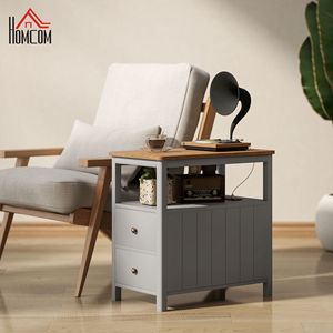Tavolino Laterale Grigio con Stazione di Ricarica e Porte USB, Tavolino Stretto con Cassetti, Arredamento per Soggiorno - Product Image 2
