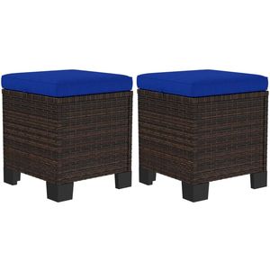 Two-Piece Outdoor <b>Stool</b> with Rattan Foot <b>Pad</b> and Dark Blue Cushion Terrace Ottomans Comfortable Footstool - Product Image 5