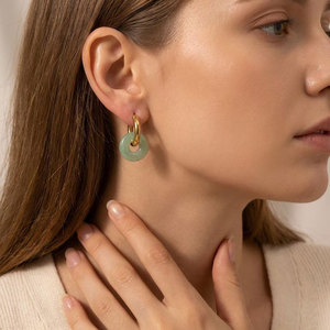 <b>Gold</b> Hoop <b>Earrings</b> with Green Jade Donut Charm Minimalist <b>Dangle</b> Boho Chic Jewelry Gift for Women - Product Image 4