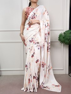 Sari en soie satinée imprimée de qualité supérieure avec pièce de chemisier assortie pour femmes - Product Image 2