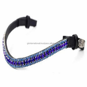 Nouvel arrivage Bande de front de cheval en cuir anglais noir en forme de vague sur mesure avec 3 rangées de cristaux de saphir Bande de front Mega Bling Wave - Product Image 4