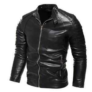 Chaqueta de cuero de alta calidad para hombre, corte ajustado, de cuero integral, a la moda, con rayas negras y marfil, con cierre de cremallera. - Product Image 1