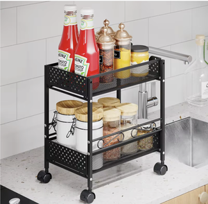 Étagère de rangement de cuisine en métal à 2 niveaux avec roulettes, design industriel, organisateur gain de place pour épices et condiments (OEM/ODM) - Product Image 3