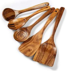 Juego de utensilios de cocina de madera natural de venta directa de fábrica, espátula, cuchara, volteador, cucharón, chapado en oro rosa con efecto espejo - Product Image 1
