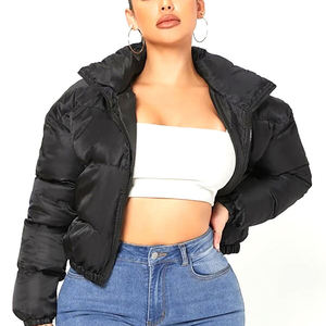 Chaqueta Acolchada Negra para Mujer, Manga Larga, Cuello Alto, Cierre de Cremallera, Abrigo Grueso de Invierno, Color Sólido, Relleno de Poliéster - Product Image 2
