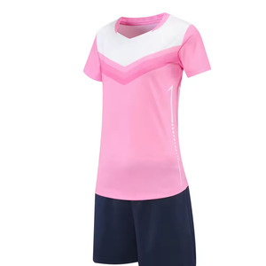 Conjunto de Camiseta de Voleibol Rosa Unisex, Cuello en V, Manga Corta, Bloques de Color, Absorbe la Humedad, 100% Poliéster, Nombre del Equipo, Ropa Deportiva - Product Image 1